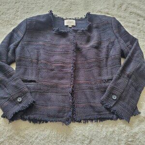 Loft Black Open Front Weave Boxy Fringe Cropped Cardigan Blazer Jacket Womens 4